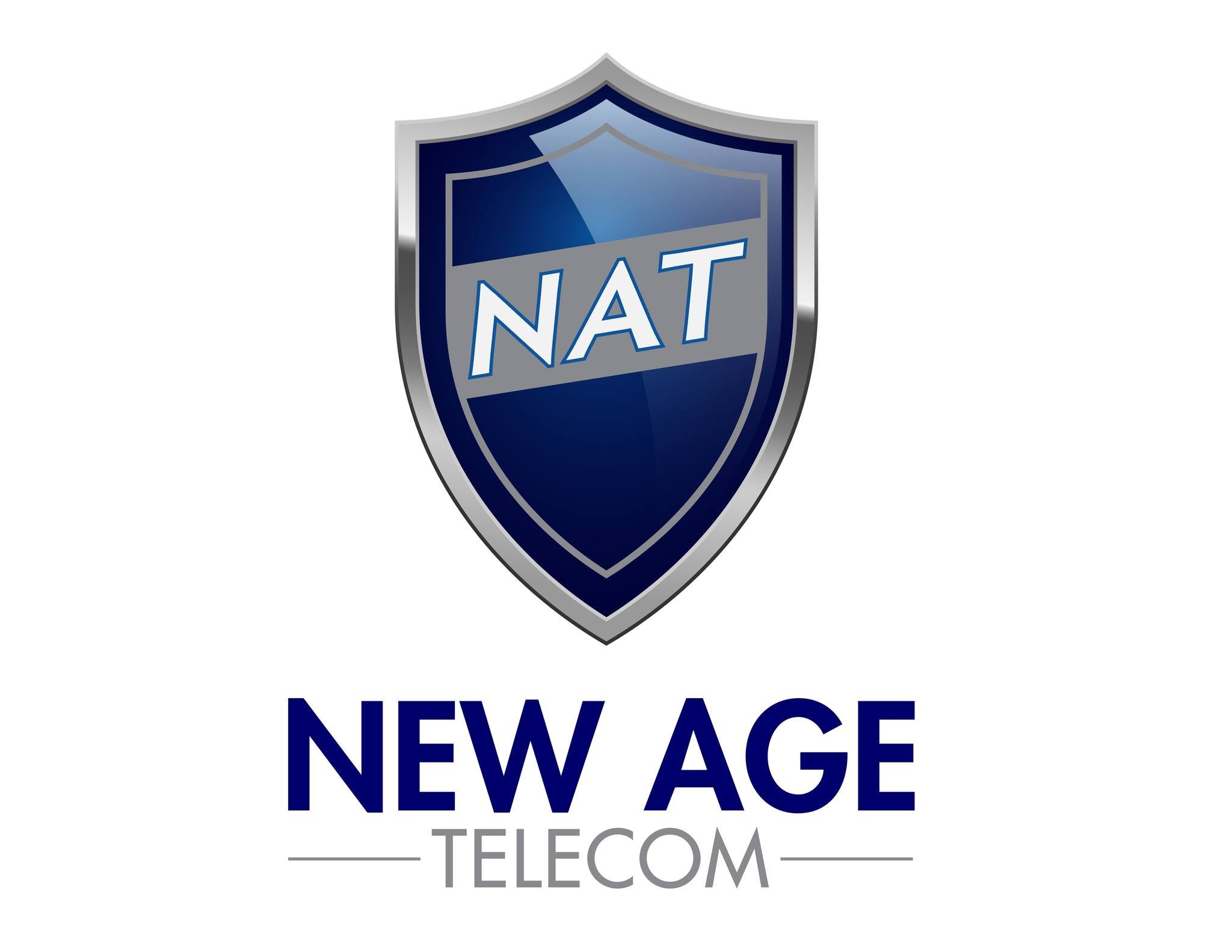 New Age Telecom logo with NAT shield design and text in blue