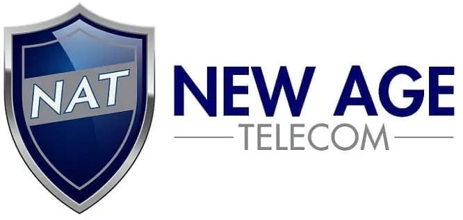 New Age Telecom logo with NAT shield design in blue and silver